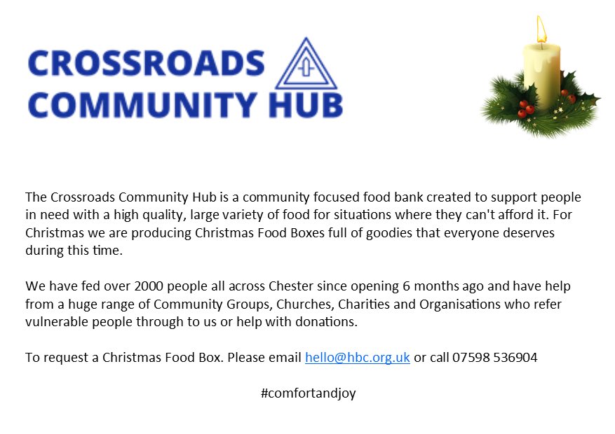 We are planing to give away 200 Christmas Food Parcels across <a href="/ShitChester/">nearly 13 years of Shitchester</a> to bless and support individuals and families at this very difficult time 
Drop us an email or ring our Project Coordinator Evie if you would like our help 
#comfortandjoy #ChesterTogether #ActsofKindness
