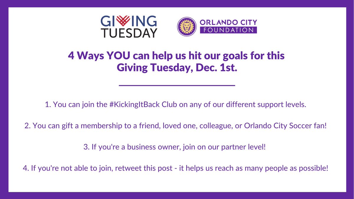 OrlandoCityFnd's tweet photo. THIS IS IT! This is the day we've waited for! Can you help us hit our goal? We want to get as many founding members of our #KickingItBack Club as possible. So, here are the 4 ways YOU can help us hit our goals! Click here https://t.co/H1hpASJSQq. Or, please retweet this post! https://t.co/do5N00Ww4J