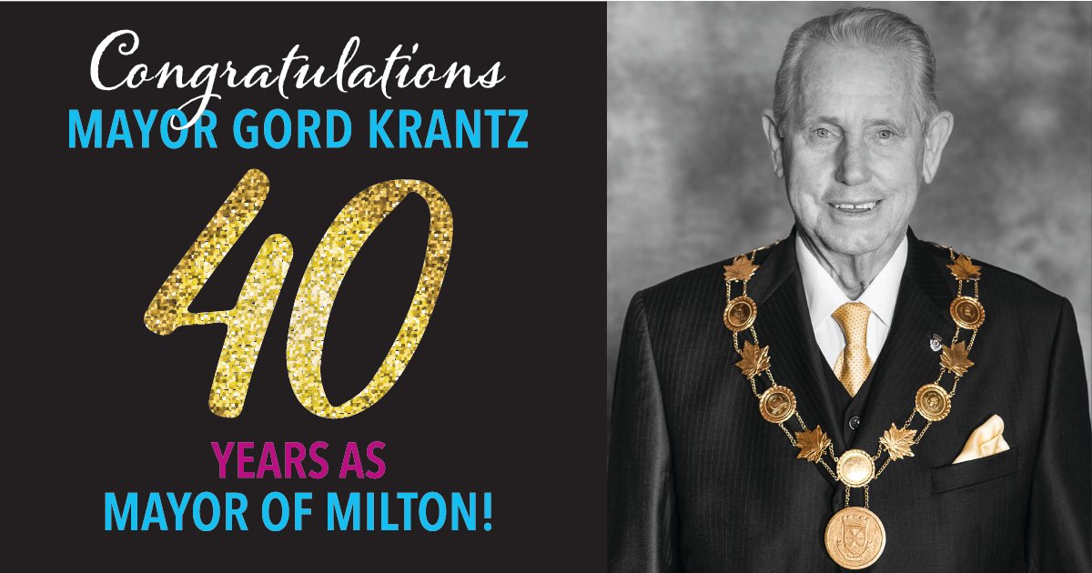 Today, we're celebrating Mayor Krantz as he marks 40 years as Mayor of #MiltonON! He is the longest-serving Mayor in a major municipality in Canada's history. We are so grateful for his service to our community. In celebration, we will be posting trivia all day! #MayorKrantz40