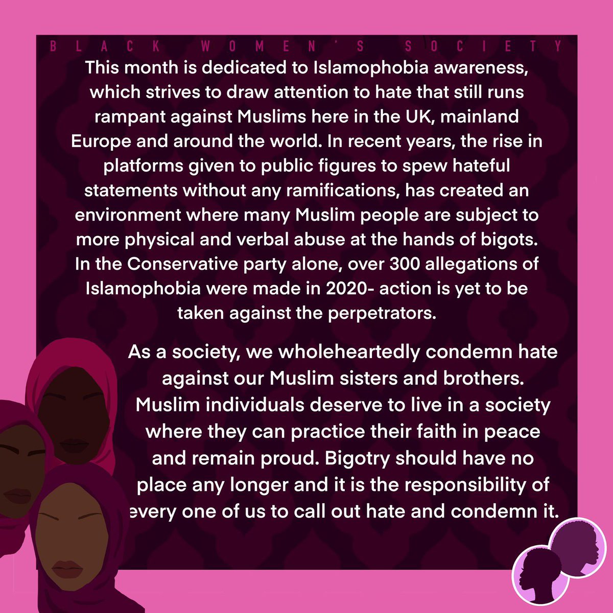 November was Islamophobia Awareness Month. It highlighted the threat of Islamophobic hate crimes and showcased the positive contributions of British Muslims to society. However, we should recognise this every month. Thank you to Konyin, our Faith Director, for this statement🤍