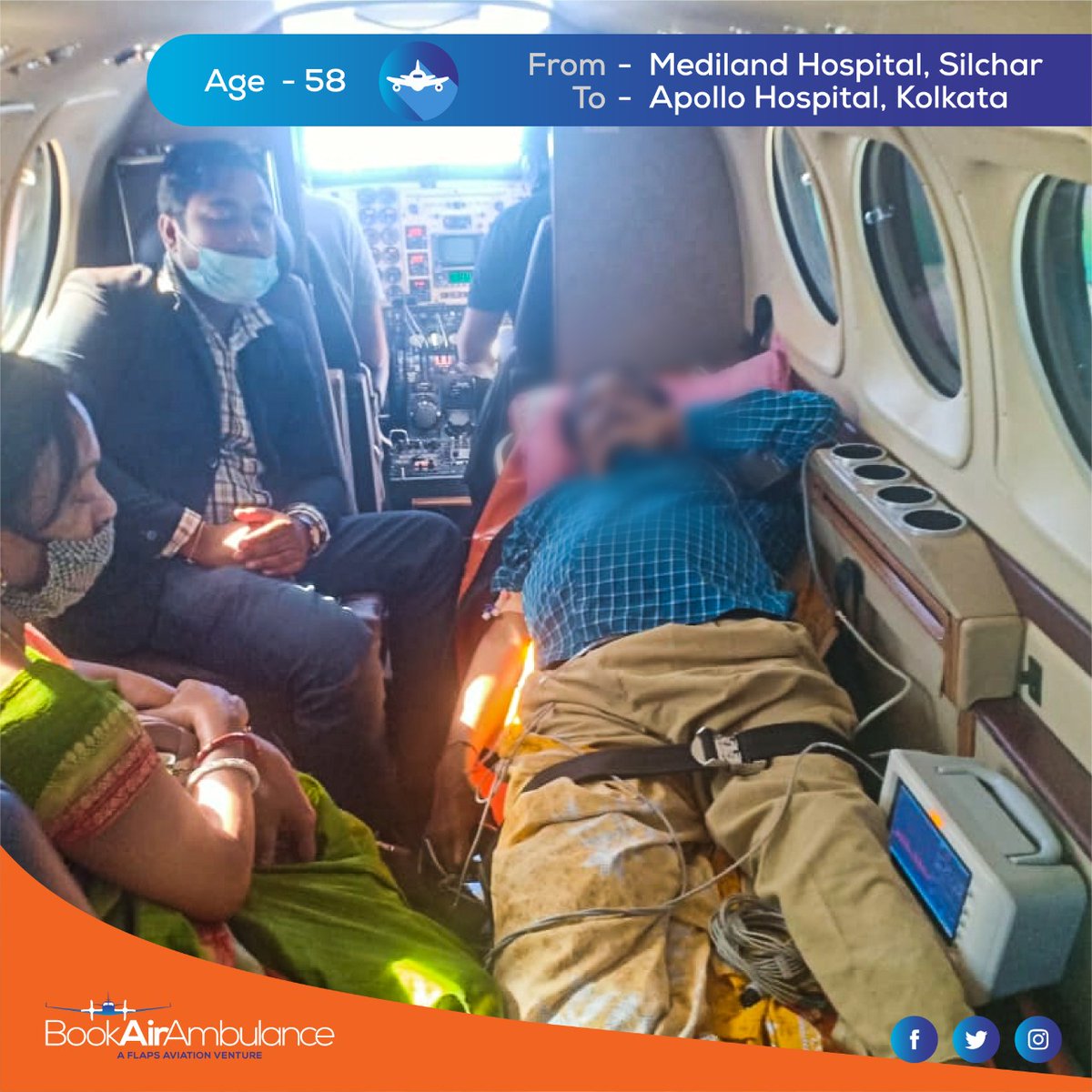 An 58 year old male, diagnosed with DM + HTN +Periplieral Neuropathy + Right Foot Abscess Formation+ AKI. Book Air Ambulance quick response team on 20th November airlifted him from Mediland Hospital Silchar to Kolkata 
For more info, Visit us @: bookairambulance.com
