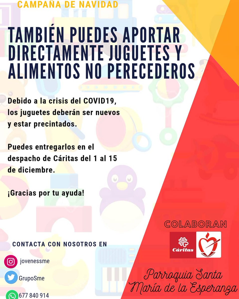tagastitos's tweet photo. Seguimos trabajando con Cáritas en la Campaña de Navidad, del 1 al 15 de diciembre. 
Puedes ayudarnos realizando:
- Económicamente, mediante una transferencia, Bizum o efectivo.
- Con alimentos no perecederos.
- Con juguetes nuevos/precintados. 

¡MUCHAS GRACIAS! 😁 https://t.co/vF18jxvNyc