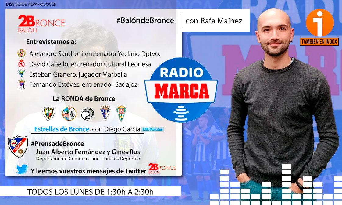 📻Llega otro programa de #BalóndeBronce en <a href="/RadioMARCA/">Radio MARCA</a>

🇦🇷 Sandroni <a href="/Yeclano_dptvo/">Yeclano Deportivo</a> 
🗣️ <a href="/dcabello10/">David Cabello</a> <a href="/CyDLeonesa/">Cultural y Deportiva Leonesa</a> 
1⃣1⃣ <a href="/eGranero11/">Esteban Granero</a> <a href="/marbella_fc/">Marbella FC</a> 
🥼 <a href="/Estevez_Fer/">Fernando Estévez</a> <a href="/CDBadajoz/">CD Badajoz</a> 

💎 Estrellas de Bronce con <a href="/diegogmaroto/">Diego G. Maroto</a> 

📰 #PrensadeBronce con <a href="/Linares_Dptvo/">Linares Deportivo 💙⚒</a>

🔗 go.ivoox.com/rf/61140452