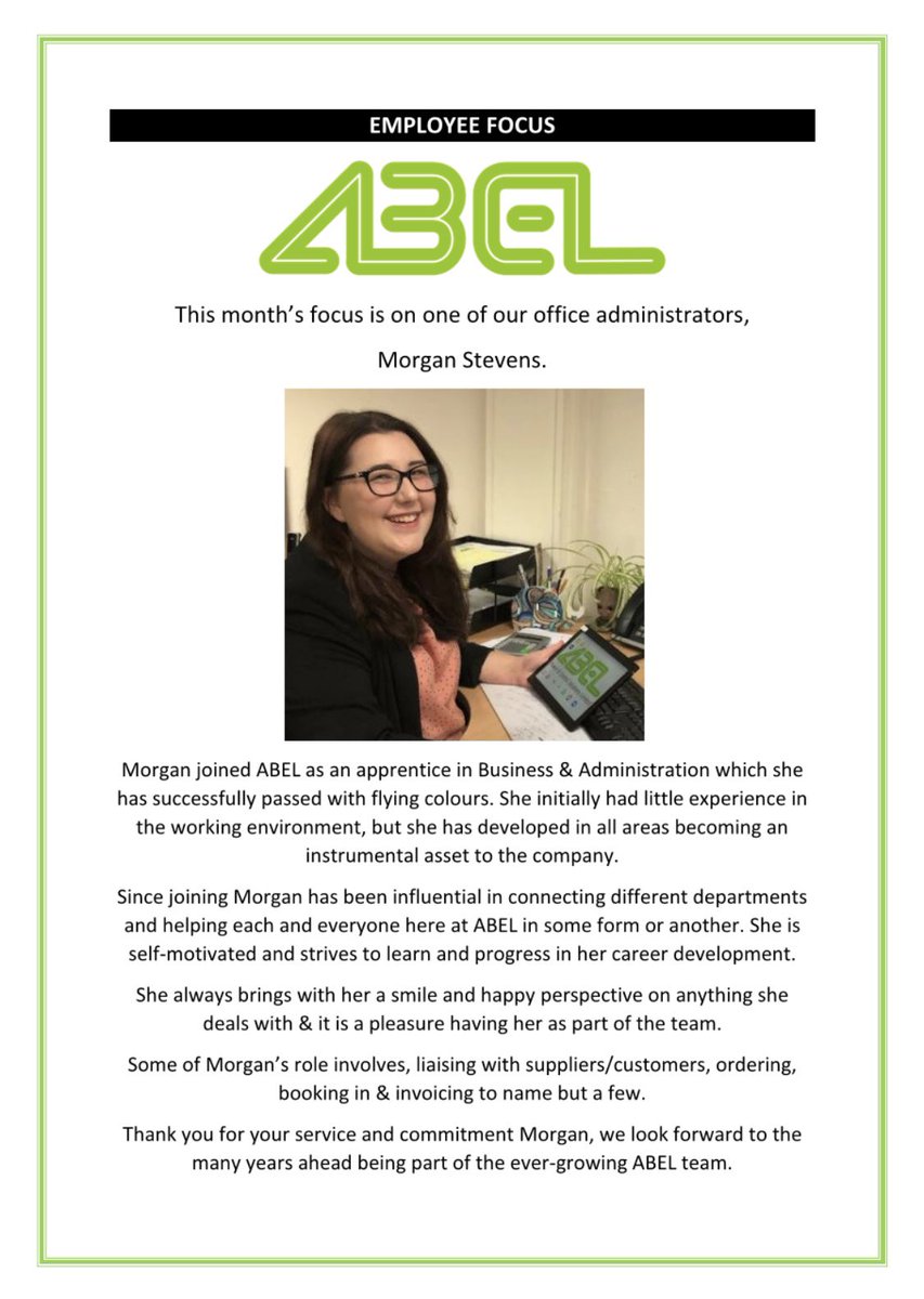 apcslimited's tweet photo. ABEL - Employee Focus - December 2020

#employeeappreciation #buisness #administration #apprenticeships #focused #teamdevelopment #ABEL https://t.co/bUlDlFARGX