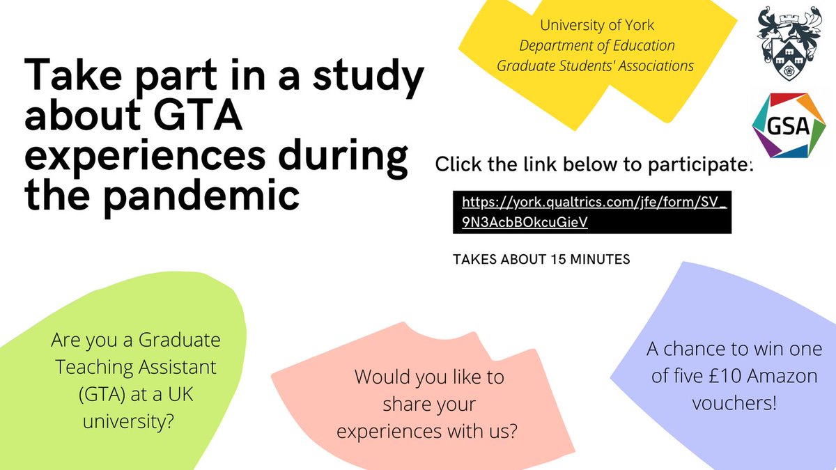 Please share with your doctoral researchers who may be doubling up as Graduate Teaching Assistants - we want to know how they are doing this year!!! (and they can win some vouchers to help with Christmas shopping!) york.qualtrics.com/jfe/form/SV_9N… #AcademicTwitter <a href="/AcademicChatter/">Academic Chatter™</a>