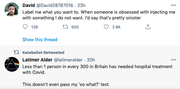 When I see these tweets, it blows my mind that these people either (a)think they're more astute than the world's epidemiologists or (b)believe that 10s of 1000s of people in hospitals, governments etc across the world are conspiring to lie. That level of distrust is really sad.