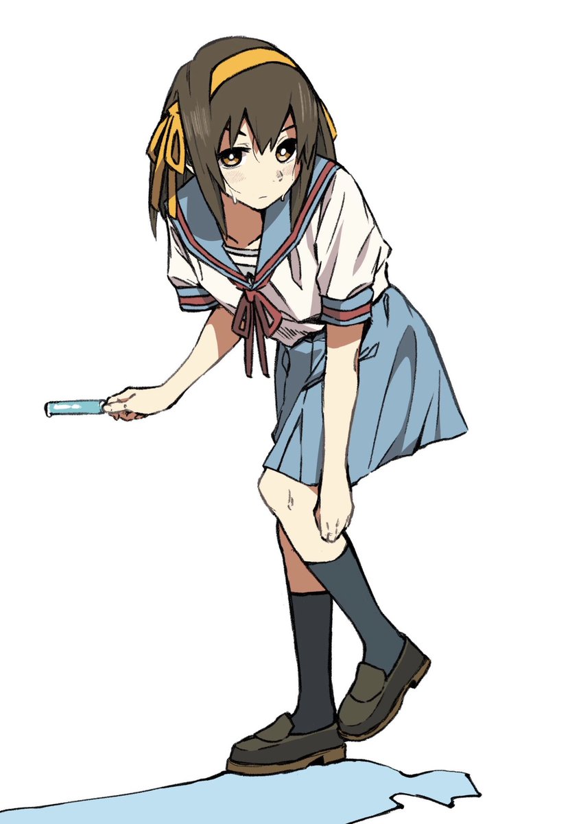 suzumiya haruhi 1girl solo school uniform kita high school uniform blue sailor collar skirt blue skirt  illustration images