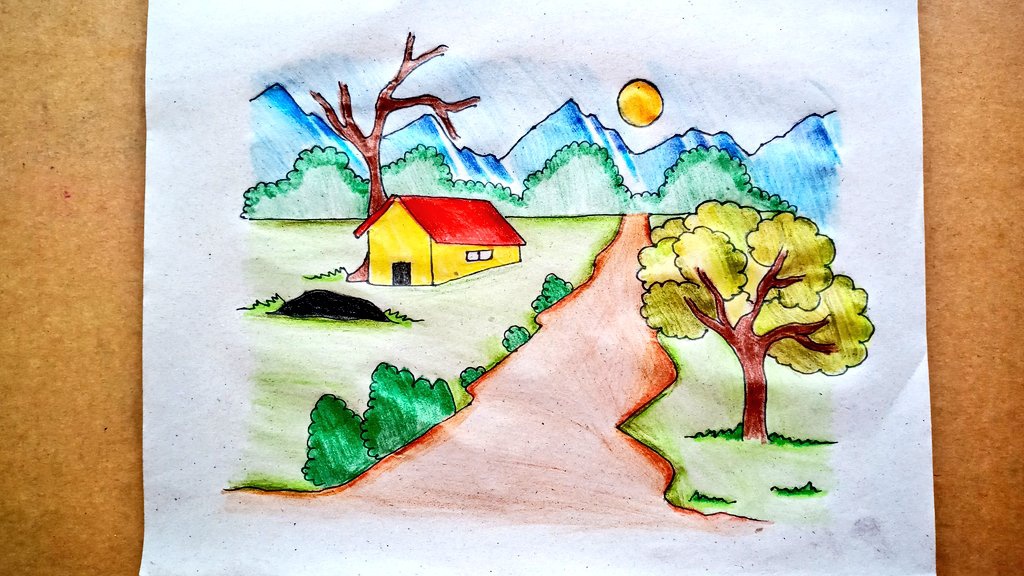 village scenery drawing withcolour pencil | Nature art drawings, Nature  drawing, Colorful drawings