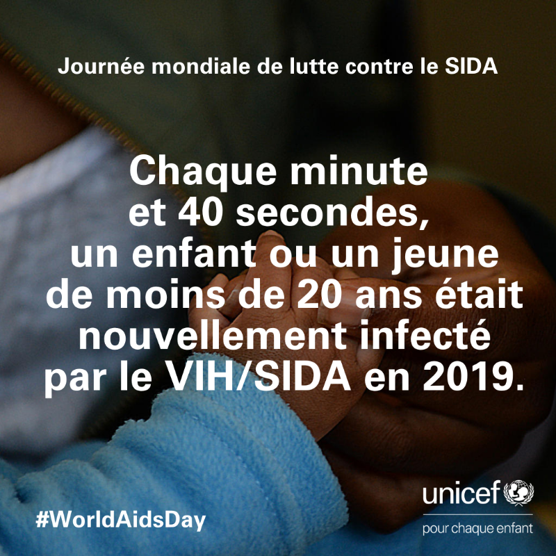 UNICEF_france's tweet photo. Chaque minute et 40 secondes, un enfant ou un jeune de moins de 20 ans était nouvellement infecté par le #VIH/#SIDA en 2019. 

Nous devons continuer à nous mobiliser pour protéger, soutenir et accélérer les efforts de lutte contre le #VIH. 

#WorldAidsDay2020 #WorldAidsDay
