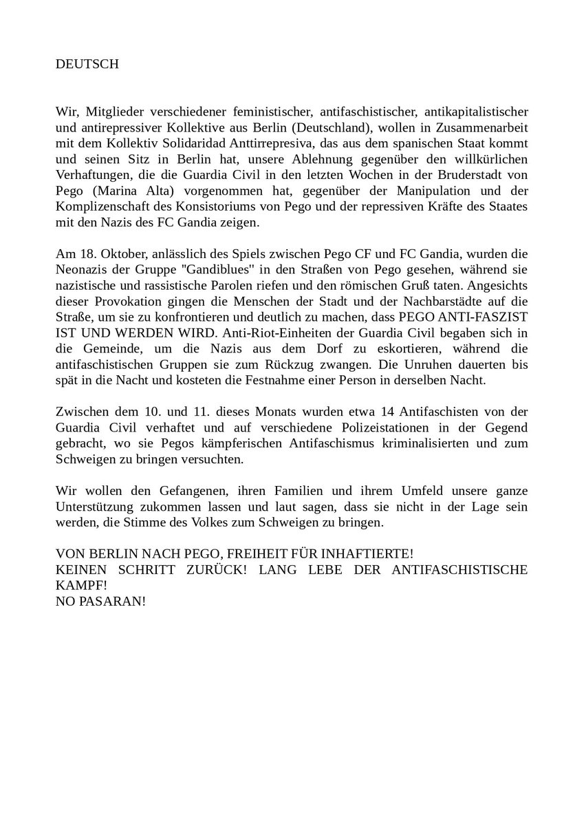 Comunicat en solidaritat amb les companyes antifeixistes detingudes a Pego.

Des de #Berlin a #PegoAntifeixista!
No Pasarán!