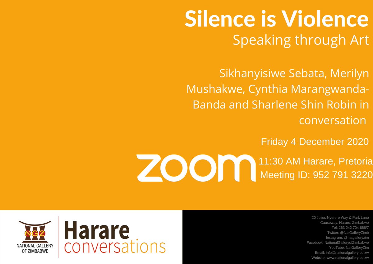 NatGalleryZimb's tweet photo. As we unite to end violence against women; #harareconversations focuses on how art aids in healing and moving forward.
#16Days #OrangeTheWorld
@moysarzim @KirstyCoventry @EnthuseAfrika @HStvNews @YoungWomenInst @SkaSebata @shonatiger @BelMataz @sara_moyo @BYOgallery https://t.co/VExz2tQ2rg