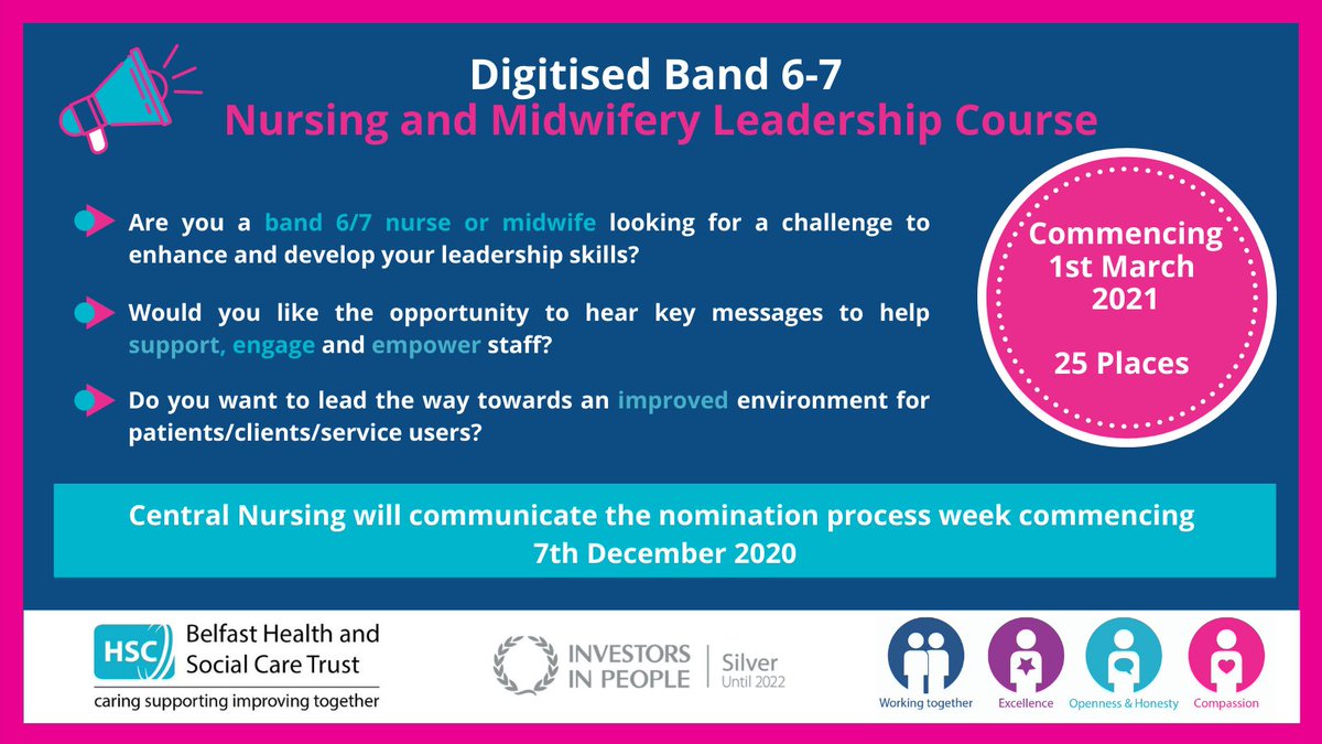 HR_POD's tweet photo. ๐ขCalling Belfast Trust Staff๐ข
The new, online Nursing and Midwifery Leadership Course commencing 1st March 2021๐๏ธ
Promoting leadership, collaboration, well-being, critical decision making, group supervision and much moreโญ๏ธ#digitallearning #WorkingTogether #HSCValues https://t.co/HyCsJhrjxw