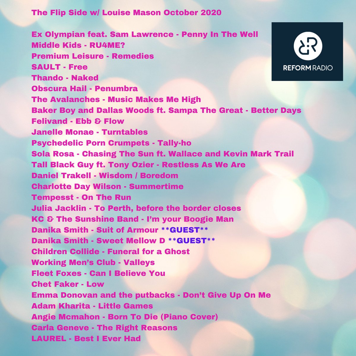 Louise Mason (@louisermason) on Twitter photo Happy December, for some sparkle my latest show is full of gems...
<a href="/ex_olympian/">Ex-Olympian</a>
<a href="/MiddleKidsMusic/">Middle Kids</a>
<a href="/premium_leisure/">Premium Leisure</a>
<a href="/obscurahail/">Obscura Hail</a>
<a href="/bakerboymusic/">Baker Boy</a>
<a href="/Felivand/">FELIVAND</a>
<a href="/porncrumpets/">Psychedelic Porn Crumpets</a>
+ my guest Danika Smith + tracks you will know and love...
Check it out...
reformradio.co.uk/play/The_Flip_… Happy December, for some sparkle my latest show is full of gems...
<a href="/ex_olympian/">Ex-Olympian</a>
<a href="/MiddleKidsMusic/">Middle Kids</a>
<a href="/premium_leisure/">Premium Leisure</a>
<a href="/obscurahail/">Obscura Hail</a>
<a href="/bakerboymusic/">Baker Boy</a>
<a href="/Felivand/">FELIVAND</a>
<a href="/porncrumpets/">Psychedelic Porn Crumpets</a>
+ my guest Danika Smith + tracks you will know and love...
Check it out...
reformradio.co.uk/play/The_Flip_…