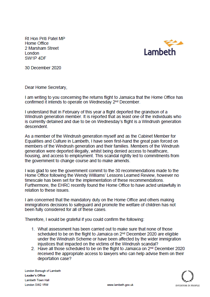 LambethLabour's tweet photo. Cllr @SoniaWinifred wrote an urgent letter to the Home Secretary regarding the deportation of 50 people to Jamaica scheduled for Weds 2 Dec. 

The great pain forced on members of the Windrush generation by the government must never be repeated. #StopThePlane #Jamaica50 https://t.co/yPWyp5HpEX