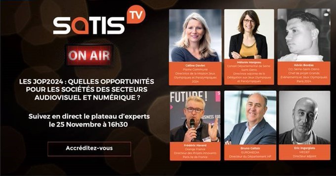 La conférence <a href="/Human2Sport/">Human2Sport</a> "Les #JOP2024 : Quelles opportunités pour les sociétés des secteurs audiovisuel et numériques ?" est en ligne sur la #SATISTV de <a href="/satisexpo/">SATIS Expo</a> !
Avec <a href="/PlaineCommune/">Plaine Commune</a> <a href="/OrangeIDF/">Orange Île-de-France</a> <a href="/seinesaintdenis/">Département de Seine-Saint-Denis</a> <a href="/CCI_93/">CCISeine-Saint-Denis</a> @EUROMEDIA_ &amp; <a href="/medef/">Mouvement des Entreprises de France</a> &gt;&gt; satistv.com/programme/5f7c…