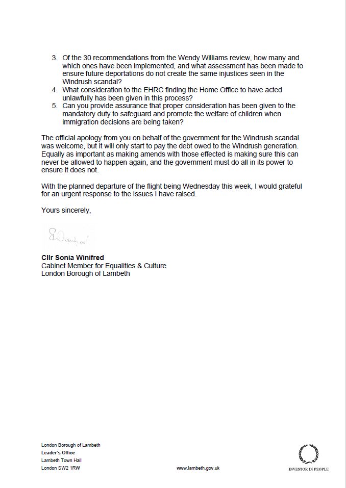 Cllr <a href="/SoniaWinifred/">Sonia Winifred</a> wrote an urgent letter to the Home Secretary regarding the deportation of 50 people to Jamaica scheduled for Weds 2 Dec. 

The great pain forced on members of the Windrush generation by the government must never be repeated. #StopThePlane #Jamaica50