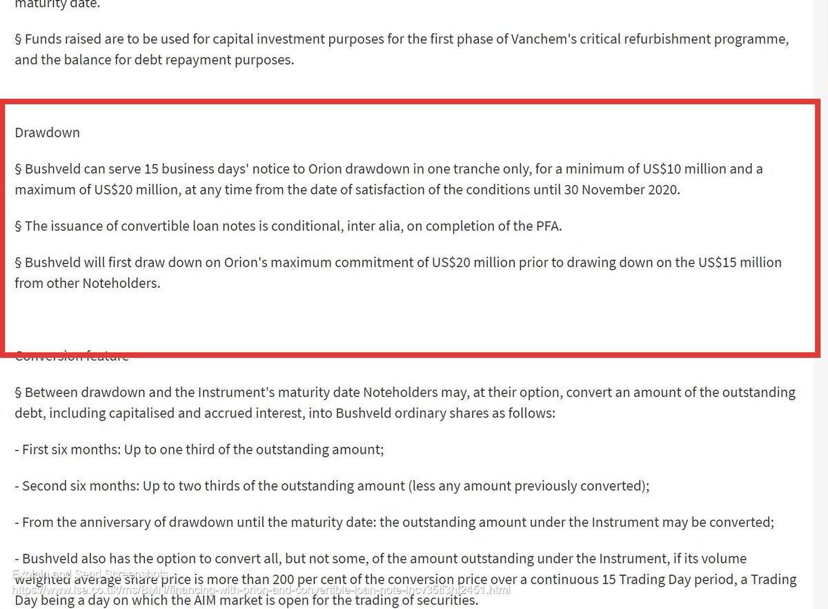 10/So yet more support for accelerating that 2nd kiln at Vanchem.Just to be clear here, there's nothing in the existing RNSs, that says BMN must draw down all of the notes in one go.It says "minimum of $10m."At 10% per annum + 3 year term, its not cheap either.