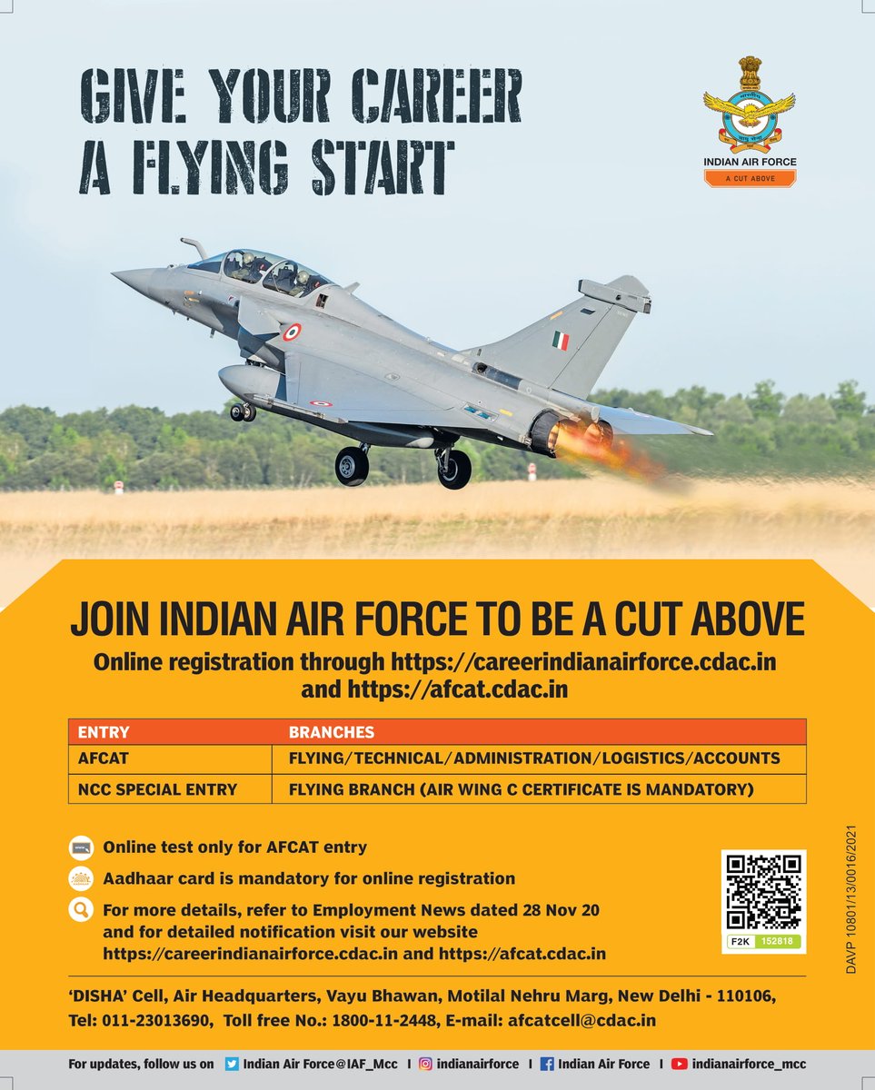 IAF_MCC's tweet photo. #JoinIAF: IAF invites Indian citizens to be a part of #IndianAirForce as Commissioned Officers in Flying &amp; Ground Duty (Tech &amp; Non-Tech) branches for courses commencing in Jan 2022.

Online registration from 01 Dec to 30 Dec 2020.

Details on: https://t.co/LraRro6cjW https://t.co/Drkn1eMb2X
