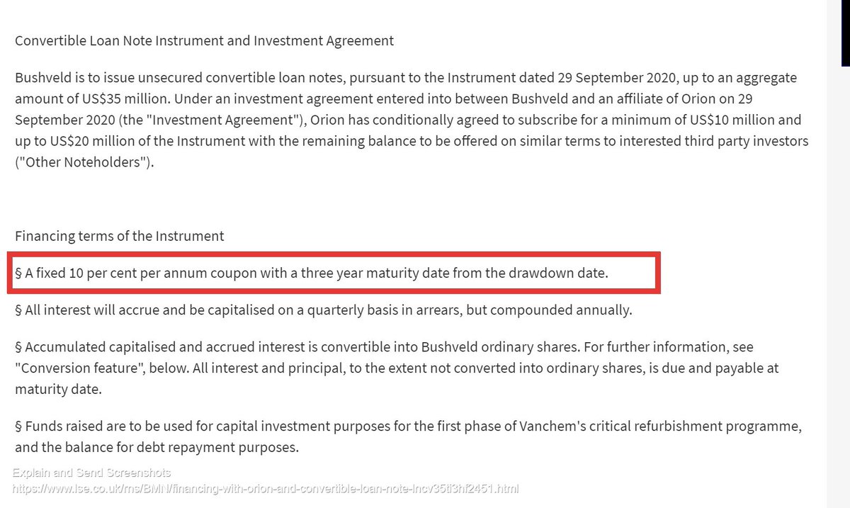 10/So yet more support for accelerating that 2nd kiln at Vanchem.Just to be clear here, there's nothing in the existing RNSs, that says BMN must draw down all of the notes in one go.It says "minimum of $10m."At 10% per annum + 3 year term, its not cheap either.