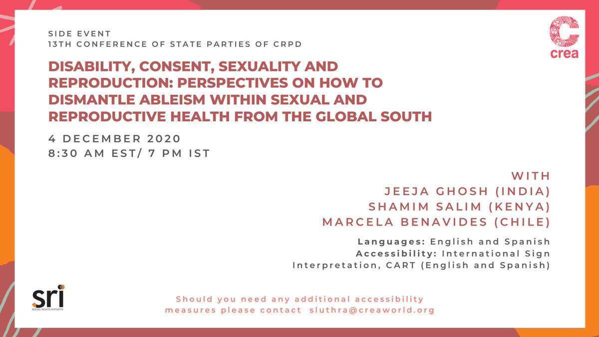 ThinkCREA's tweet photo. #SaveTheDate📢 Join us on 4 Dec, 8:30 AM EST onward for the virtual #COSP side event on '#Disability #Consent #Sexuality &amp; Reproduction' as we expose how structures of #power including #ableism #racism #patriarchy &amp; neoliberal capitalism impact #PWDs.
📝at https://t.co/AriC1FgMyZ https://t.co/ad2k5COmxr