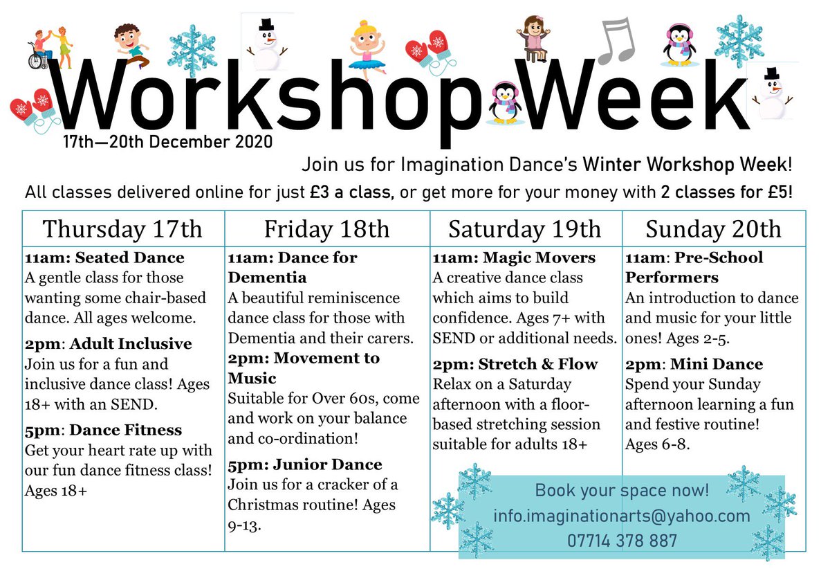Have you booked for our Winter Workshop Week yet? We are so excited to have classes for all ages and abilities! info.imaginationarts@yahoo.com 📧 ❄️🤍 #dance #inclusivedance #olderpeopledancing #EYFS #disabilitydance #danceanddementia #childrensdance #SEND #movementtomusic
