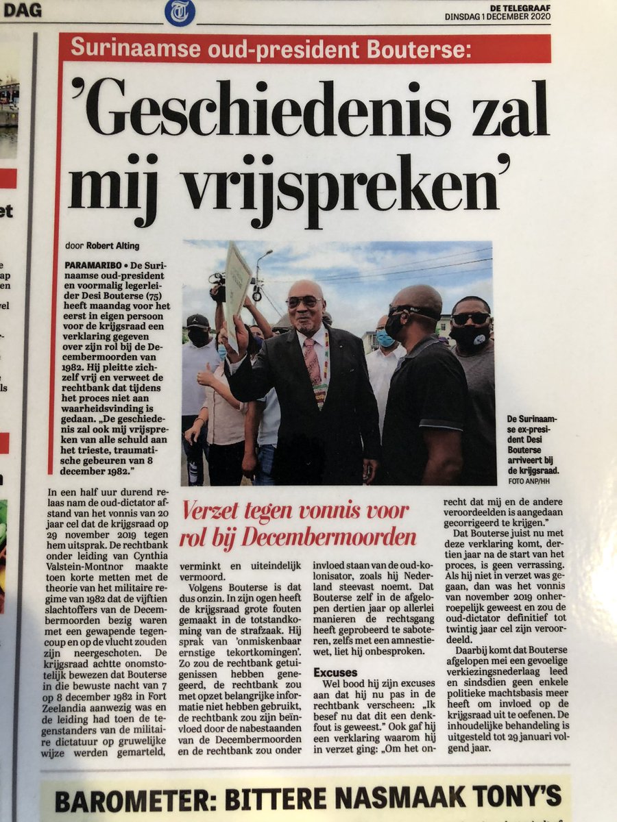 RobertAlting's tweet photo. Pagina acht van de Telegraaf vandaag. De advocaat van de nabestaanden, Hugo Essed, noemt de verklaring van Bouterse ‘te belachelijk om waar te zijn’ en volgens hem heeft de verklaring van de oud-legerleider nul juridische waarde #suriname 🇸🇷 https://t.co/9w9tuh0OvA