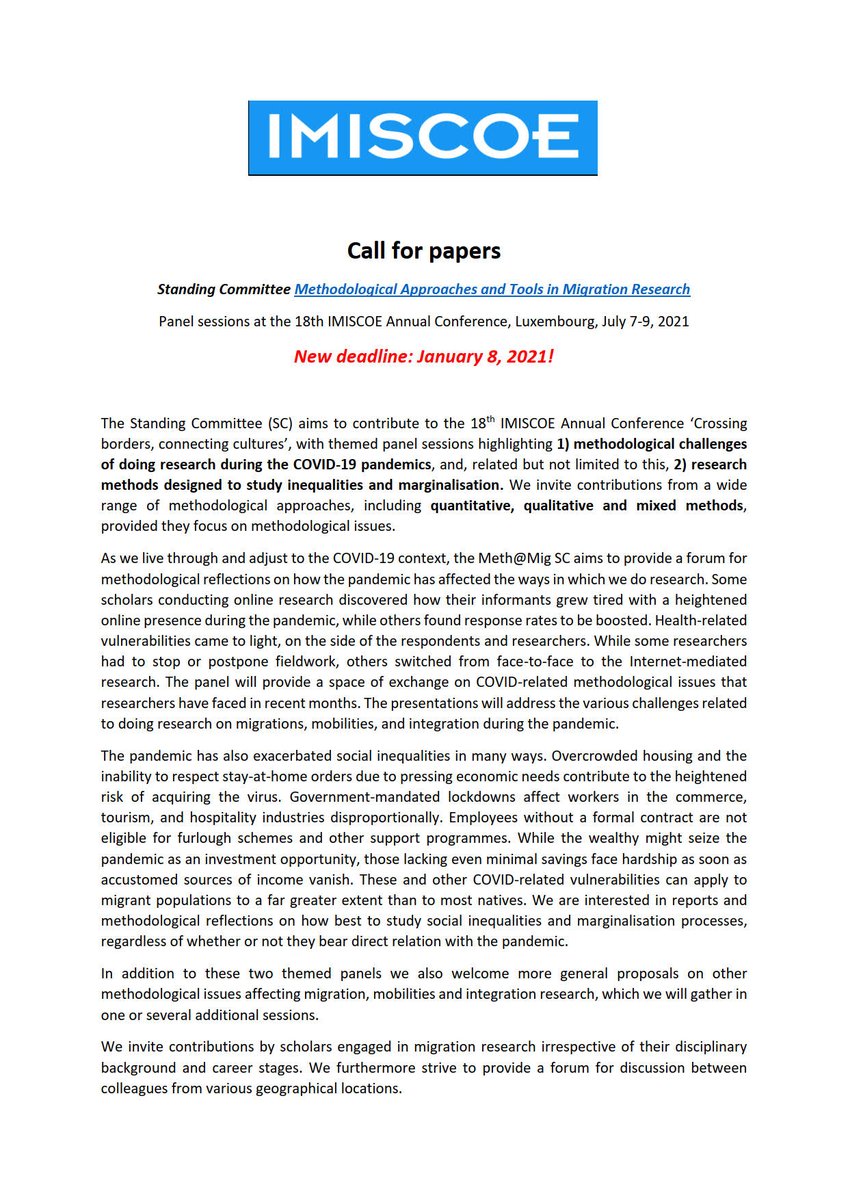 METHatMIG's tweet image. If you have a great methods paper but did not yet come around to submit it for our sessions, here is your chance: 

The submission deadline for the @IMISCOE conference 2021 has been extended to January 8, 2021!