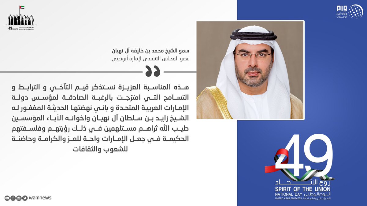 محمد بن خليفة يوم الثاني من ديسمبر يمثل المحطة التاريخية الأهم في مسيرة شعبنا ودولتنا. الإمارات اليوم