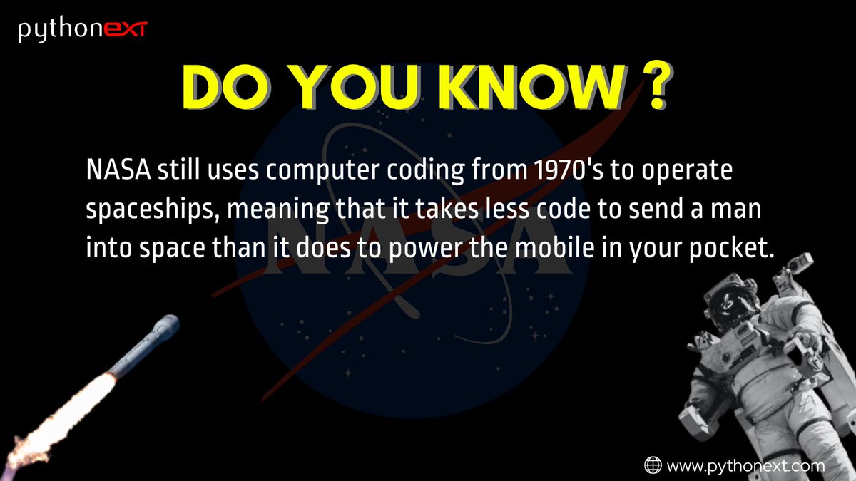 pythonext's tweet image. How about this fact straight from space? Astonishing right? NASA still uses programming techniques from the 1970's so that the persons living the space can communicate faster and easily.
#space #NASA #astronomy #astronauts #rockets #coding #programming #codinglife #code #Python