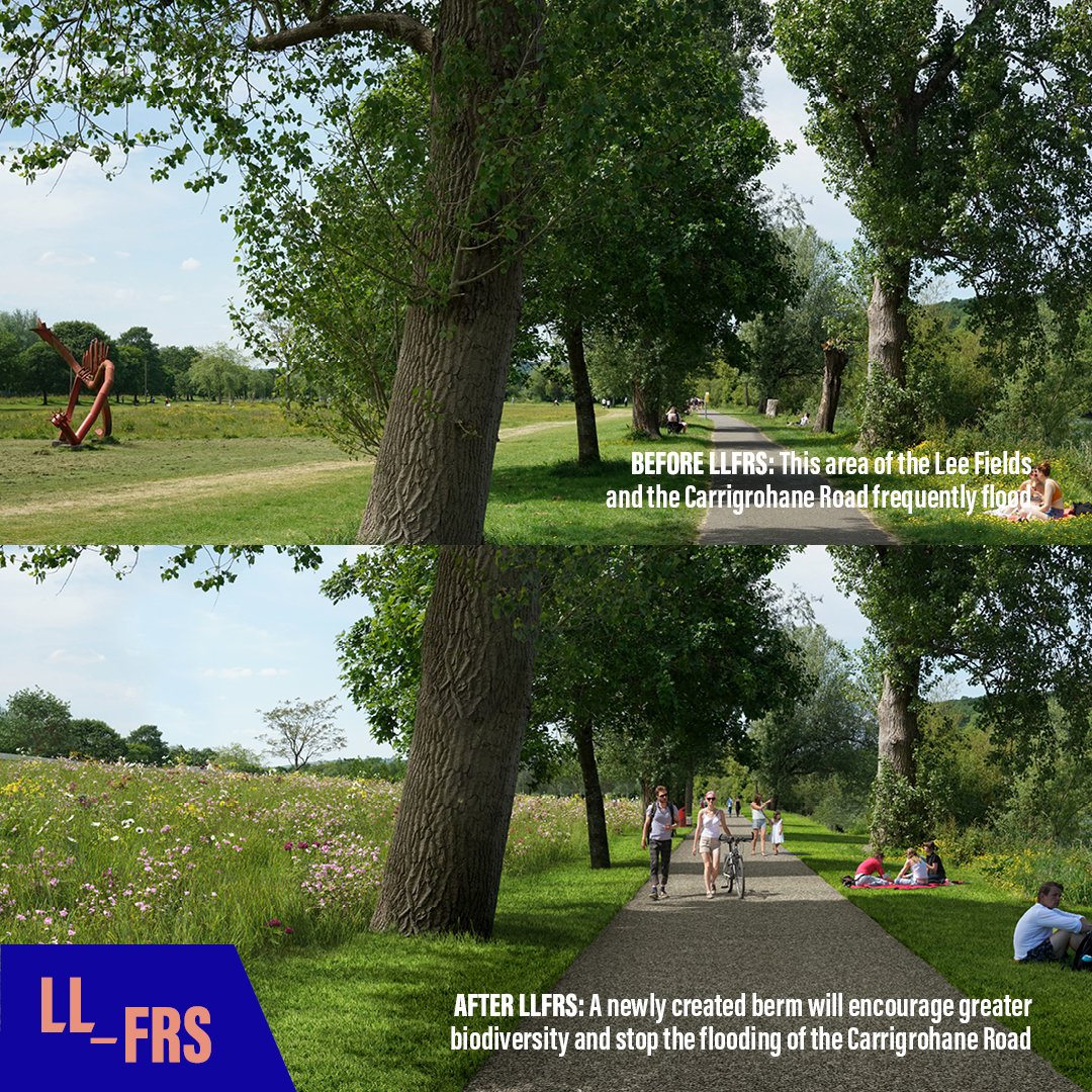 llfrscork's tweet photo. Before and after CGI's showing sections of the Lee Fields.  @opwireland @corkcitycouncil @CorkChamber @CBA_cork  #LLFRS #RiverLee #Flooding https://t.co/bizpHWfC9d
