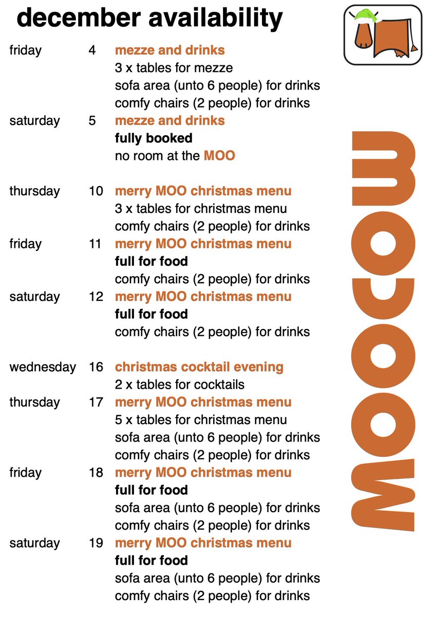 🌲🌲 DECEMBER!! 🌲🌲
not much room left at the MOO 😳
remember booking is essential (even for drinks) - limited availability