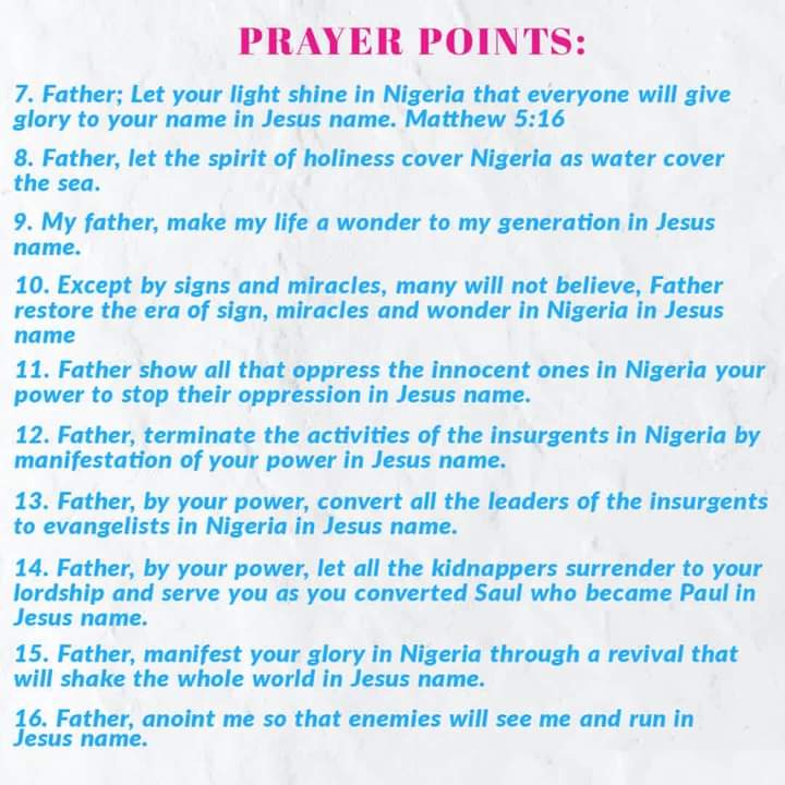 RCCGCityofDavid's tweet photo. PRAYER POINTS for Day 29 of #RCCGFast ππ½
Prayer Focus: MANIFESTATION OF GOD'S POWER AND GLORY IN NIGERIA π³π¬
#30DaysFast
#ThankingGodInJesusName
#CODDailyPrayerPoints https://t.co/1NP1VtGs6A