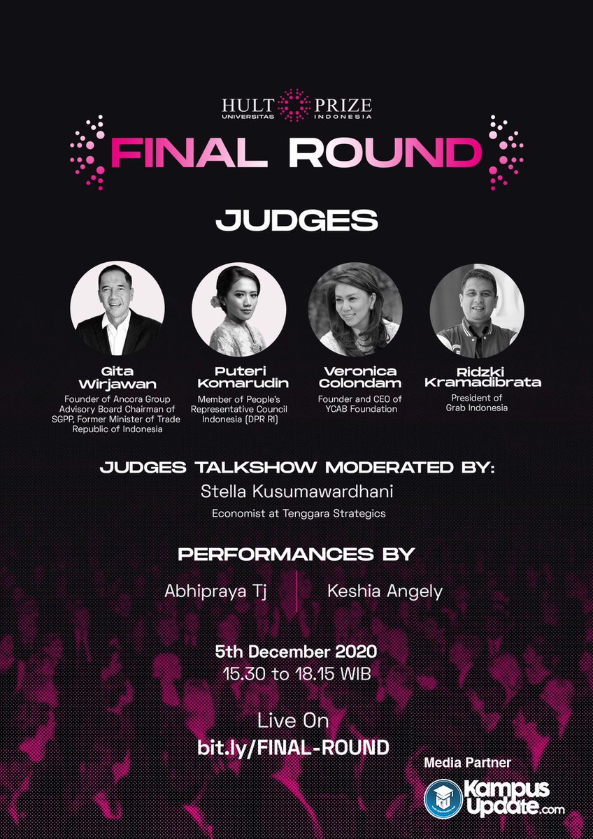 KampusUpdate's tweet image. Watch @HultPrizeAtUI Final Round LIVE on Sat, 5th Dec 2020! 

Click bit.ly/FINAL-ROUND to watch the top 6 teams pitch their ideas directly to Gita Wirjawan, Puteri Komarudin, Veronica Colondam, and Ridzki Kramadibrata.

#HP21 #HultPrizeAtUI #ChangeStartsNow
