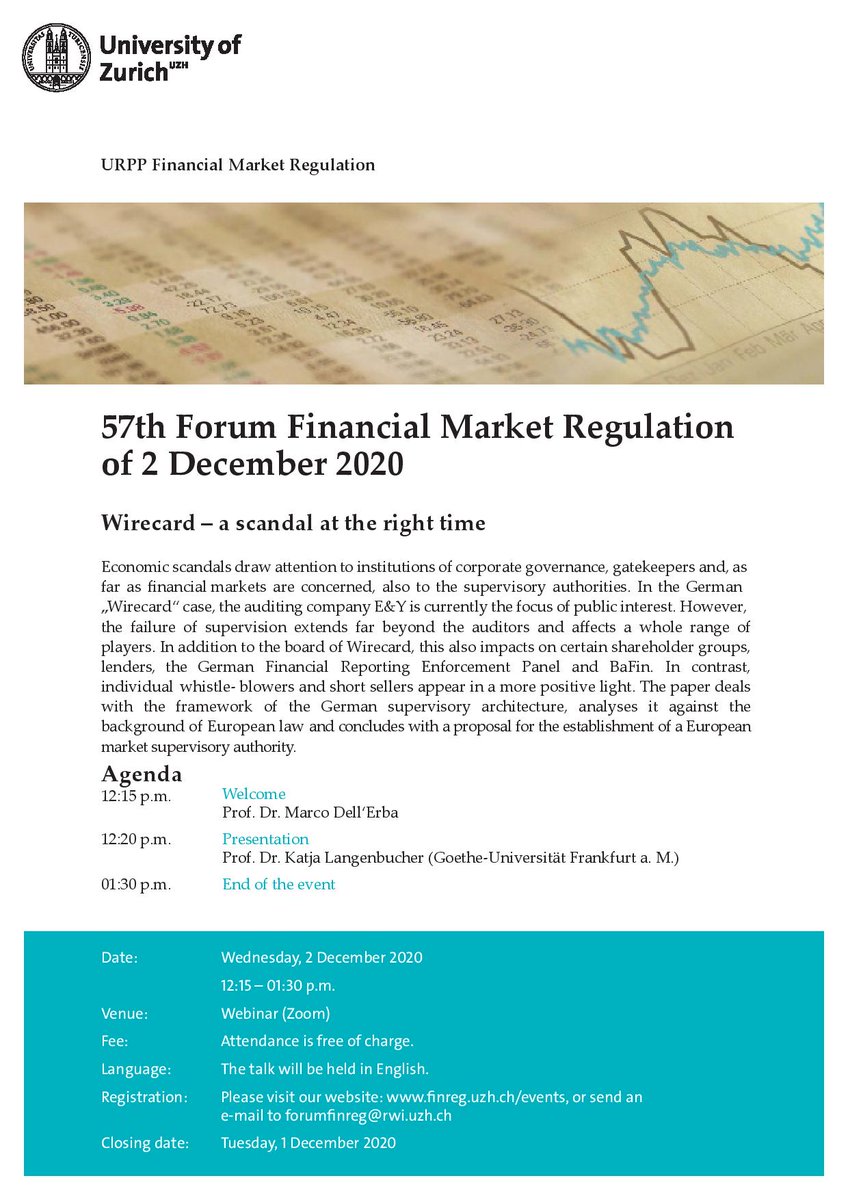 Join us tomorrow at <a href="/UZH_ch/">Universität Zürich</a>. Prof. Katja Langenbucher <a href="/goetheuni/">Goethe-Universität</a> <a href="/sciencespo/">Sciences Po</a> <a href="/FordhamLawNYC/">Fordham Law</a> will give a talk on "Wirecard: a scandal at the right time".  <a href="/FINMA_media/">Eidgenössische Finanzmarktaufsicht FINMA</a> <a href="/SNB_BNS_en/">Swiss National Bank 🇨🇭 SNB BNS (parody)</a> <a href="/EYnews/">EY</a> <a href="/uzh_blockchain/">UZH Blockchain Center</a> <a href="/wirecard/">Wirecard</a> #corpgov #Fintech