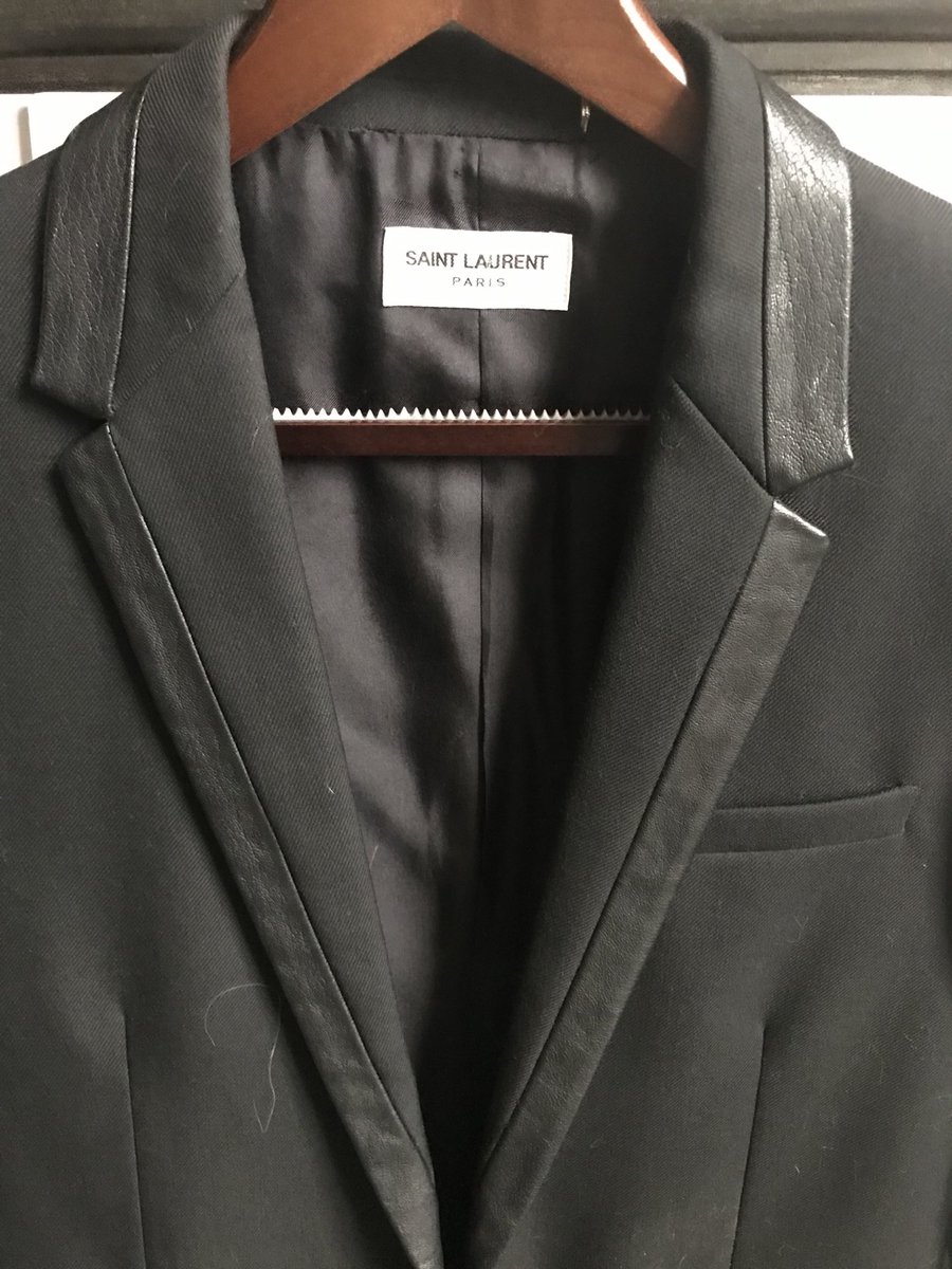 35_colin's tweet photo. Saint Laurent men’s virgin wool suit with leather on the collar/lapel and on the pockets the jacket is fully lined. The slim fit trousers are half lined. https://t.co/oYpQbxH5LB