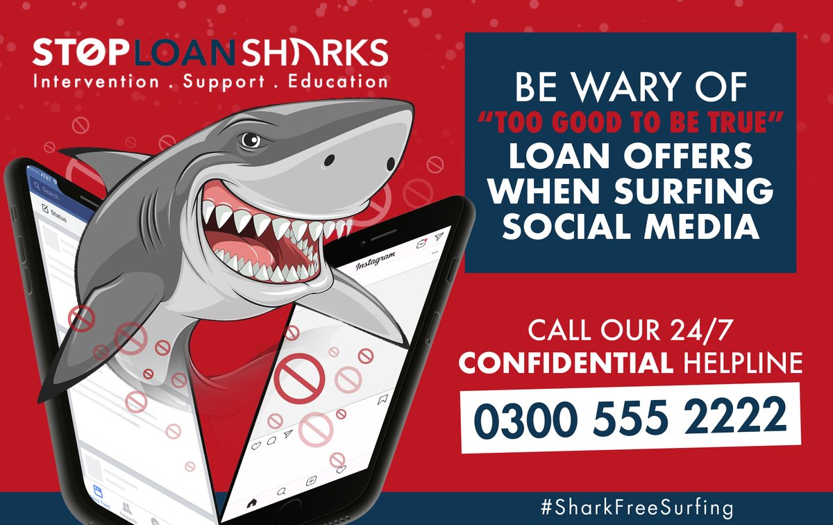SolonSWHA's tweet image. 1 in 5 find their loan shark on social media. Loan sharks use these platforms to advertise their illegal loans and target potential victims. 🦈​If you have concerns about illegal money lending or have been a victim, contact Stop Loan Sharks on 📞 0300 555 2222. ​#SharkFreeSurfing