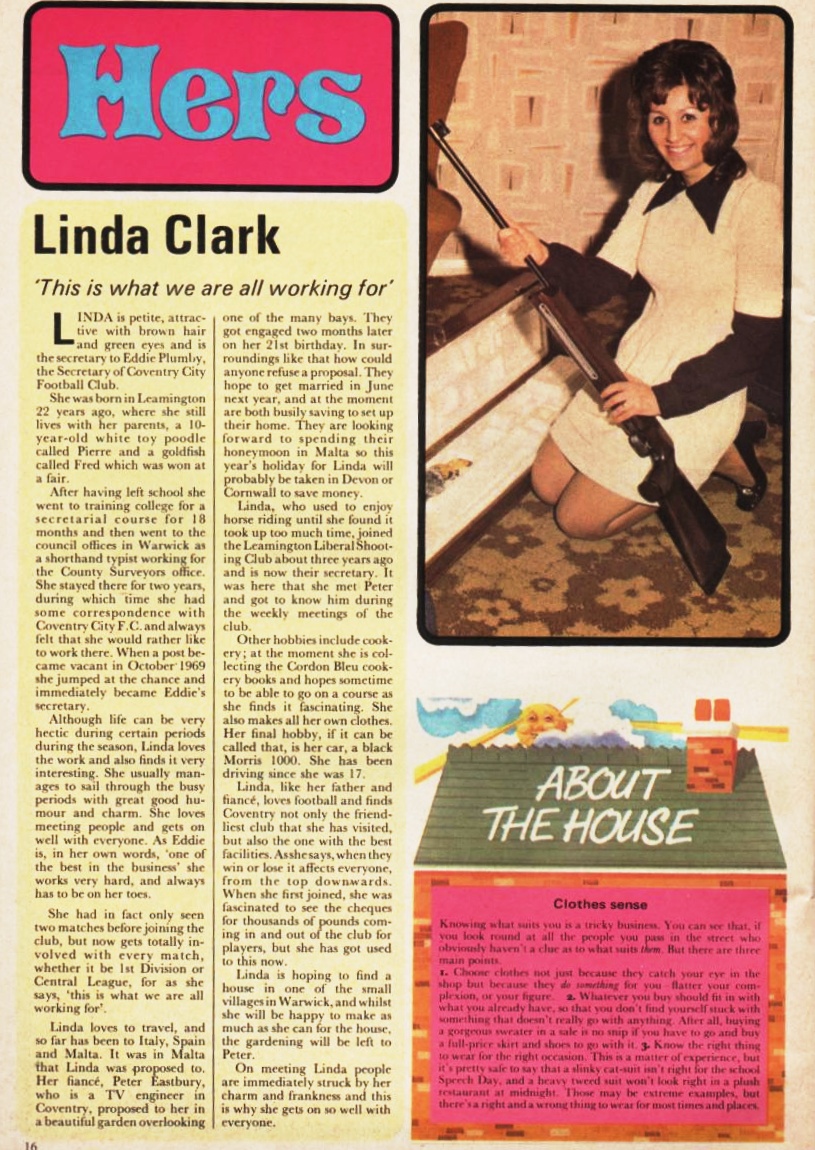 #197 - Linda Clark, via Coventry CityThe personable president of the ominous sounding Leamington Liberal Shooting Club
