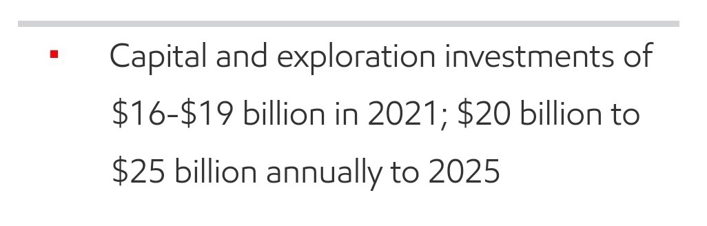 The key thing is their capital spending plans. These will by $16bn-$19bn in 2021, then $20bn-$25bn in each of the four years after. https://corporate.exxonmobil.com/News/Newsroom/News-releases/2020/1130_ExxonMobil-to-prioritize-capital-investments-on-high-value-assets