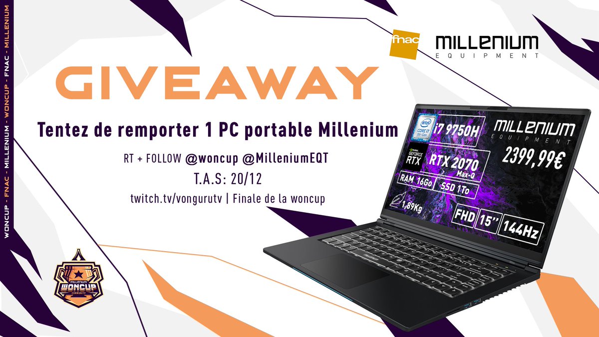 woncup's tweet image. #CONCOURS 
Grâce à @Fnac &amp;amp; @MilleniumEQT on vous fait gagner un PC PORTABLE MILLENIUM d'une valeur de 2399,99€ ! 

Pour participer: 
🔁 RT CE TWEET
💙FOLLOW @woncup &amp;amp; @MilleniumEQT
▶️TAG 1 AMI

💻 Infos sur le PC PORTABLE : bit.ly/3ffYru7