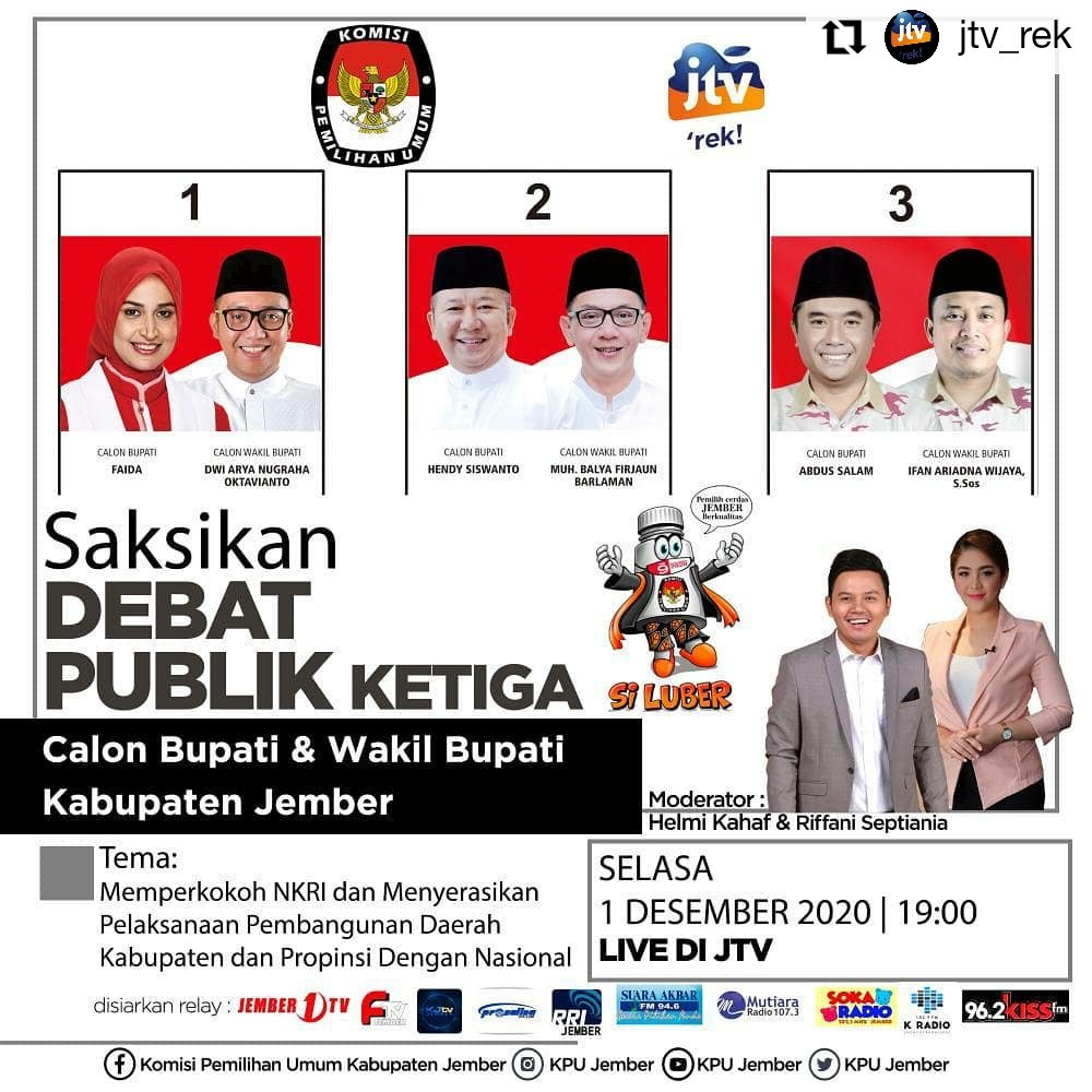 Halo Warga Jember, Sahabat Kreatif, dan Sobat PEDAS (PEmilih cerDAS) !!
Malam ini Calon Bupati & Wakil Bupati Jember kembali ke panggung Debat Publik Ke-3 live @JTV_rek
Di relay @Pro2Jember
Saksikan dan tentukan pilihanmu di tgl 9 Desember nanti!
Credit Pict : @JTV_rek https://t.co/5U1BfAxT53