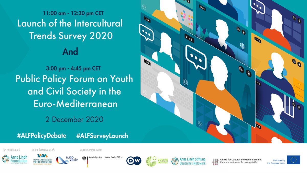 unimed_network's tweet photo. Don't miss the great events tomorrow 2 December with @AnnaLindh!
✔️ 11-12:30 pm - Launch of the Intercultural Trends Survey 2020 #ALFSurveyLaunch
✔️ 3-4:45 pm - Public Policy Forum on Youth &Civil Society in the Euro-Med region #ALFPolicyDebate
Register 👉 https://t.co/hiJuqsKEmJ https://t.co/FIjuj8DvjU