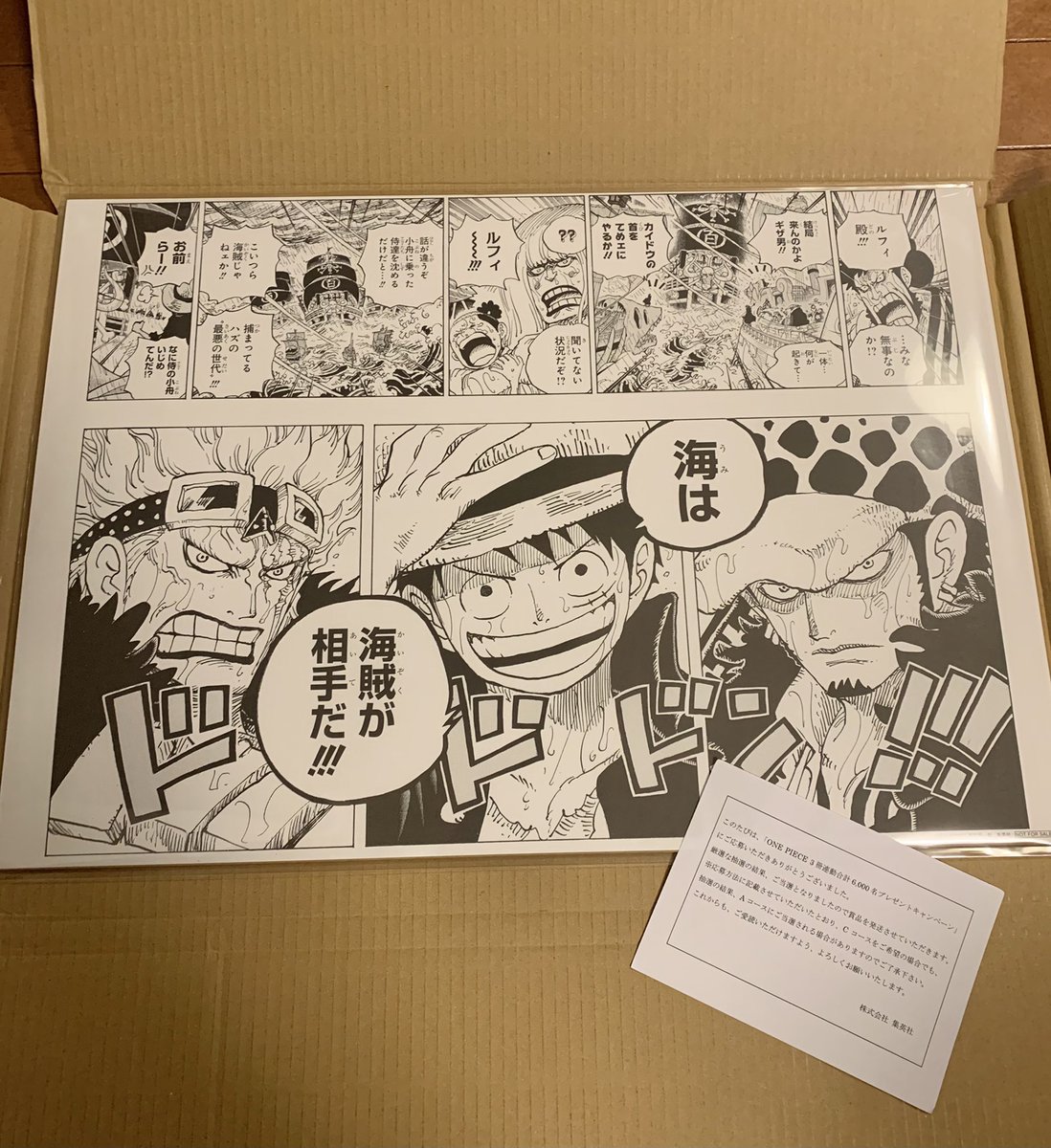 3冊同時キャンペーン!
A賞届いたー!!

めちゃめちゃ綺麗な複製原画!

麦ストで売ってるのと比較ですが
・紙のサイズは同じ
・余白がない分、今回の方がコマが一回り大きい
・何よりルフィの顔が折れてない!!!

嬉しい…

#ONEPIECE 