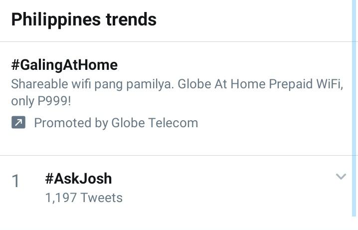 imwattpader28's tweet image. #AskJosh is now at the 1st spot in the trend list with 1,197 tweets!!!