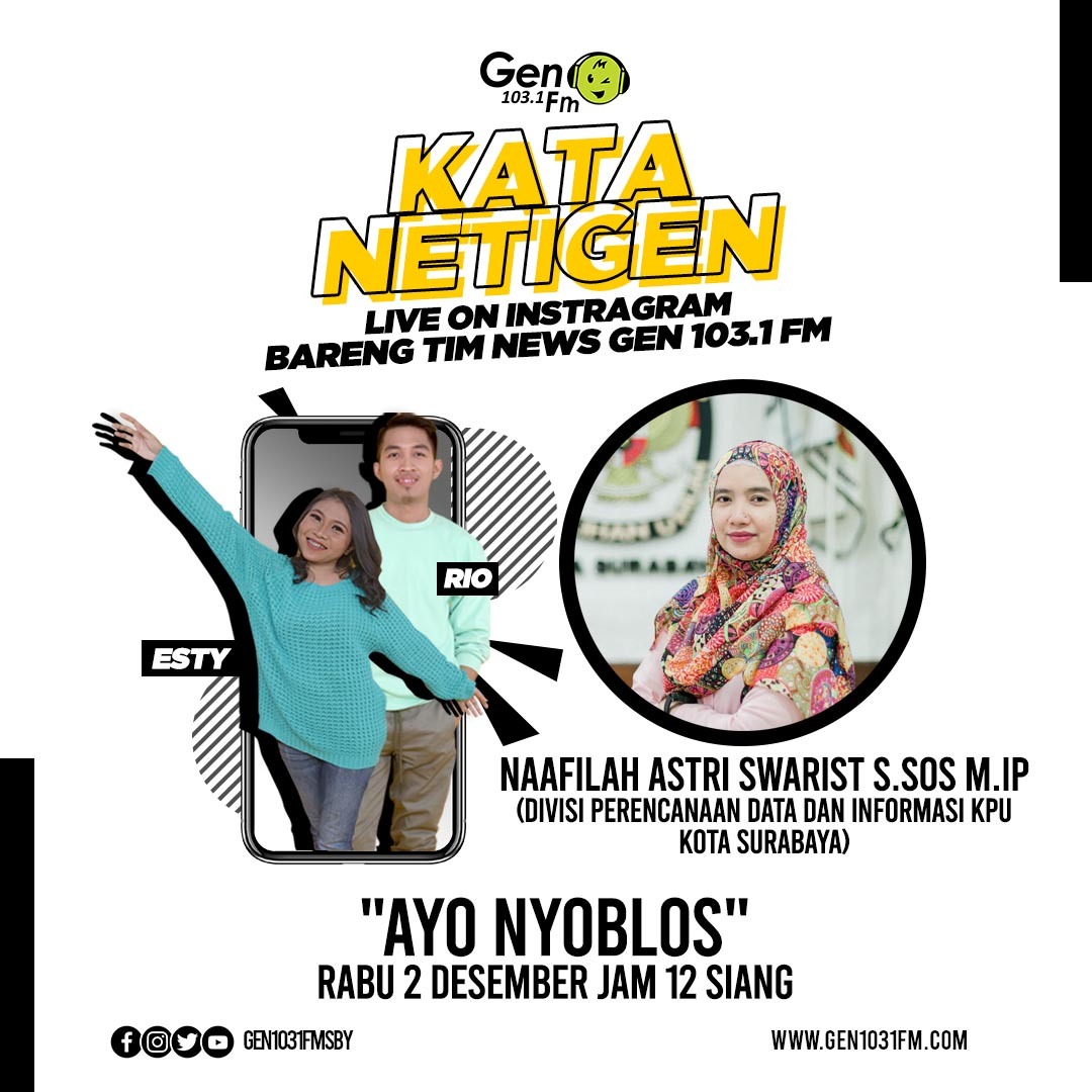 Sobat GEN, gimana sih persiapan Pilkada Serentak yang bakal diadain tanggal 9 Desember 2020??

Nah besok jam 12 siang, <a href="/esty_riyani/">esty riyani</a> <a href="/rio_rodi/">Rio Rohadi</a> bakal ngobrol bareng Naafilah Astri Swarist, S.Sos,. M.Ip,. dari KPU Kota Suarabaya di #KataNetigen

#gen1031fmsby
#pilkada2020