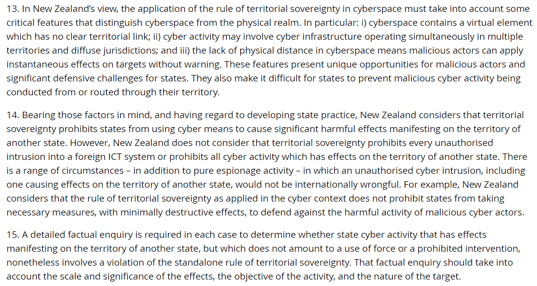 To my knowledge, this is the first open acknowledgement and justification of state enforcement actions on foreign servers without the consent of the territorial state. I'd like to put this to a test: would NZ be OK with Chinese or Russian enforcement on NZ servers? /12
