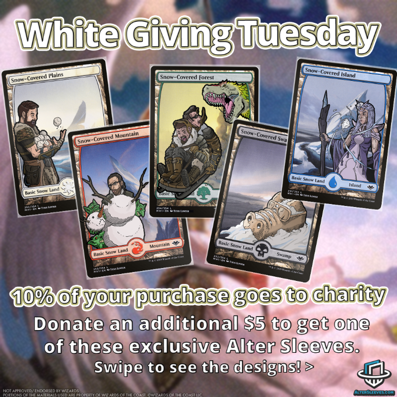 AlterSleeves's tweet photo. We’ve teamed up with 5 MTG content creators to raise money for their favorite charities. 10% of today's purchase will go to one of these Great Causes! Add $5 and get an Exlusive Sleeve by @demondramon!

@pleasantkenobi , @goberthicks @casuallymtg @mtgmuddstah @mentalmisplay