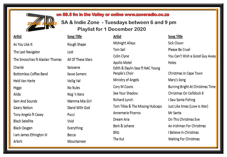 zoneradiocpt's tweet photo. Here is the playlist of new submissions being featured on The SA &amp; Indie Music Zone tonight between 6 and 9 pm with @JudyRoberson1 
@midnight_alleys
@tlastnavigator
@BottomlesCoffee
@heldvanharte
@Higgo_music
@sam_and_sounds
@Geary_Nelson
@tonyangelowrite
@BlackSatellite https://t.co/MsbrvedJXj