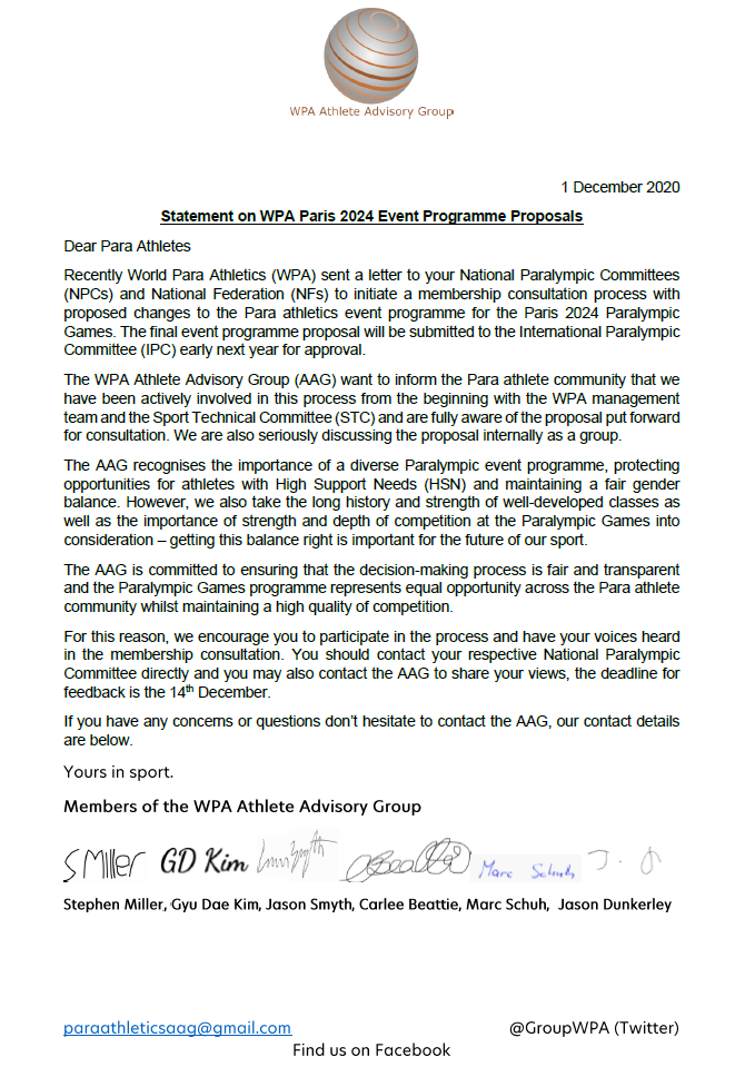 Recently <a href="/ParaAthletics/">Para Athletics</a> have undertaken an analysis of the medal event programme for the <a href="/Paris2024/">Paris 2024</a> <a href="/Paralympics/">Paralympic Games</a> and wish to consult with the membership on the proposed changes. 
The AAG would like all athletes to be part of the feedback process, see attached statement.