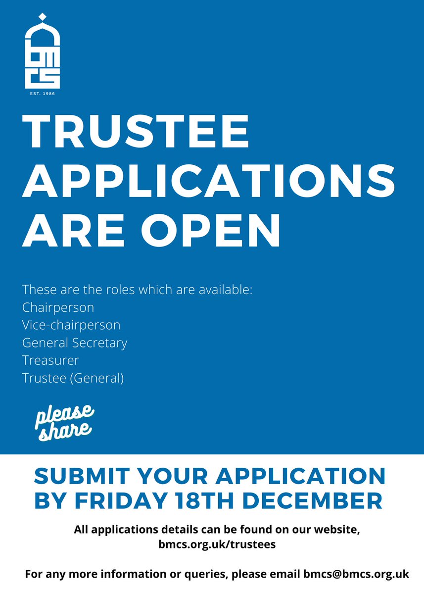 BMCS Trustee Applications are now open
Deadline for applications: Friday 18th Dec 2020

All information can be found at bmcs.org.uk/trustees