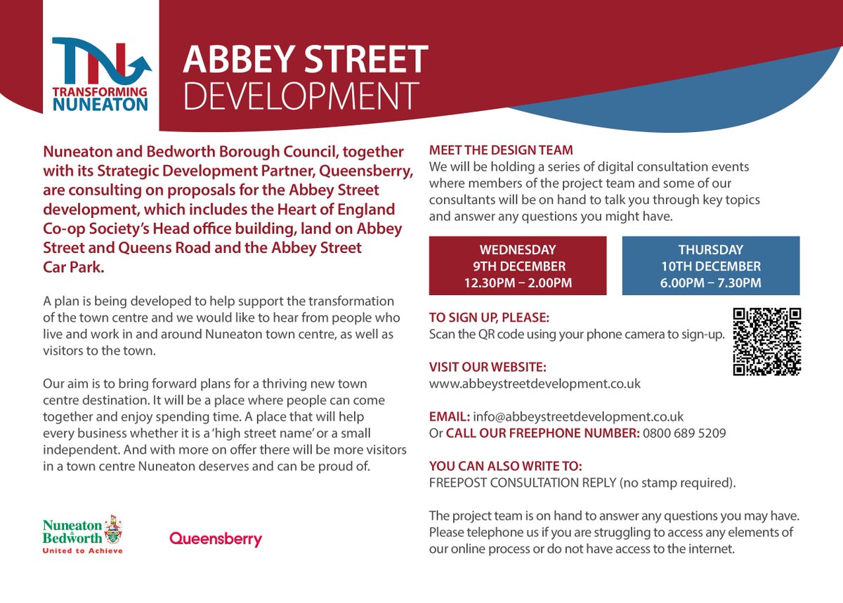 NBBCouncil's tweet photo. Have your say on plans for an exciting new development in #Nuneaton Town Centre! 
A detailed website showcasing the plans will be launched on the 4 Dec &amp; two online public consultation events will be taking place on Wed 9 &amp; Thurs 10 Dec. Find out more: https://t.co/mmZgZWf6Er https://t.co/IJChwPQY4S